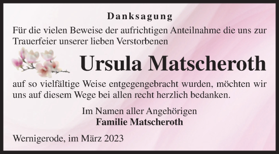 Traueranzeige von Ursula Matscheroth von Volksstimme Wernigerode