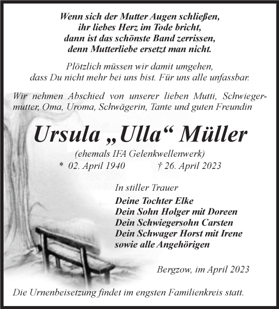 Traueranzeige von Ursula Müller von Volksstimme Haldensleben/Wolmirstedt