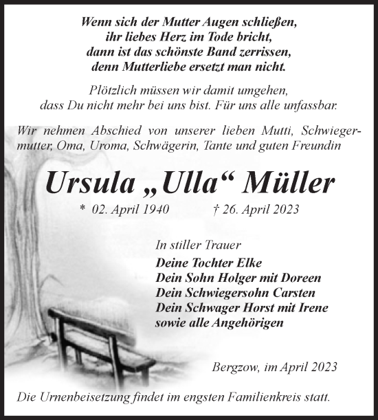 Traueranzeige von Ursula Müller von Volksstimme Burg/Genthin