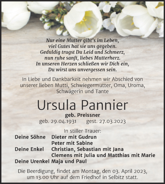Traueranzeige von Ursula Pannier von Trauerkombi Wittenberg