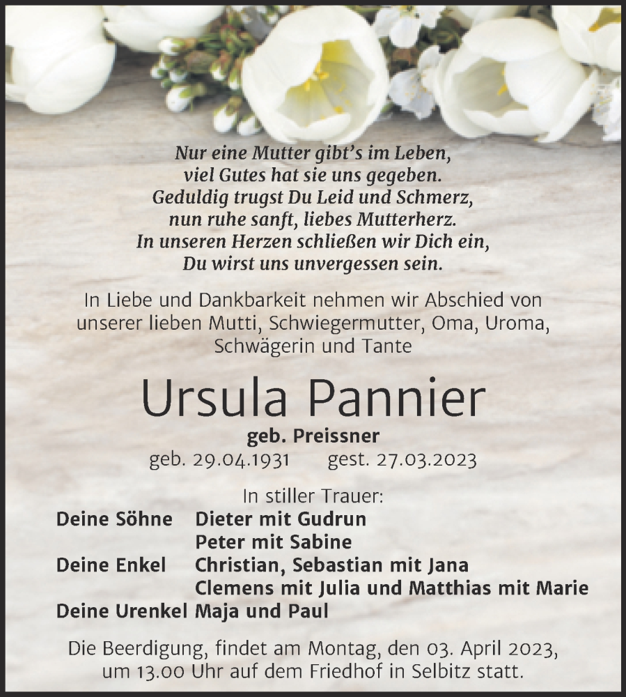  Traueranzeige für Ursula Pannier vom 01.04.2023 aus Trauerkombi Wittenberg