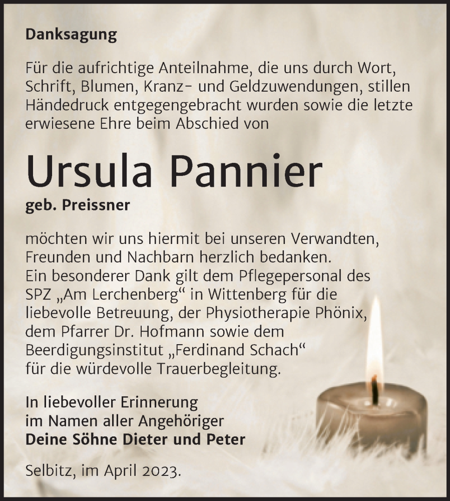  Traueranzeige für Ursula Pannier vom 15.04.2023 aus Trauerkombi Wittenberg