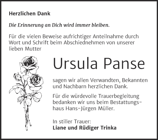 Traueranzeige von Ursula Panse von Trauerkombi Aschersleben