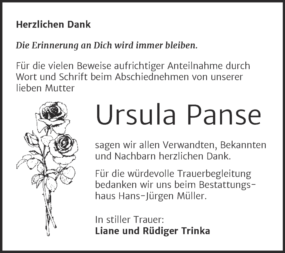  Traueranzeige für Ursula Panse vom 05.04.2023 aus Trauerkombi Aschersleben