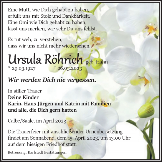 Traueranzeige von Ursula Röhrich von Volksstimme Schönebeck