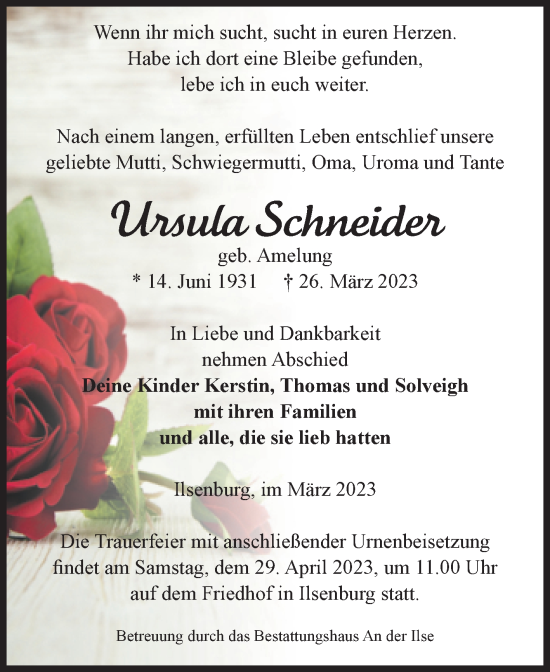 Traueranzeige von Ursula Schneider von Volksstimme Wernigerode