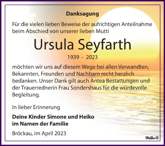 Traueranzeige von Ursula Seyfarth von Trauerkombi Zeitz