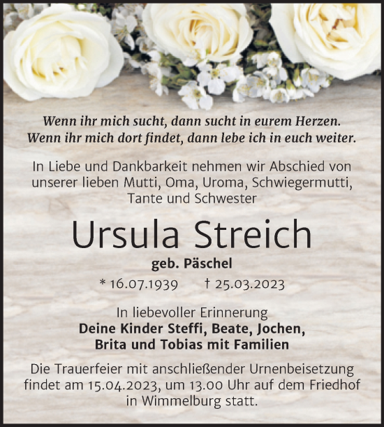 Traueranzeige von Ursula Streich von Trauerkombi Mansfelder Land