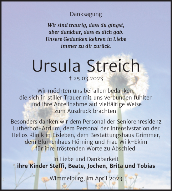 Traueranzeige von Ursula Streich von Trauerkombi Mansfelder Land