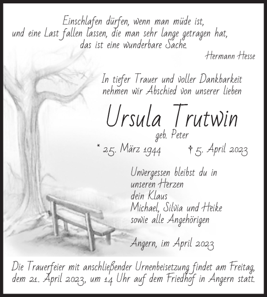 Traueranzeige von Ursula Trutwin von Volksstimme Haldensleben/Wolmirstedt