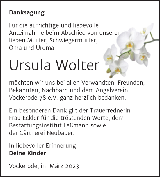 Traueranzeige von Ursula Wolter von Trauerkombi Wittenberg