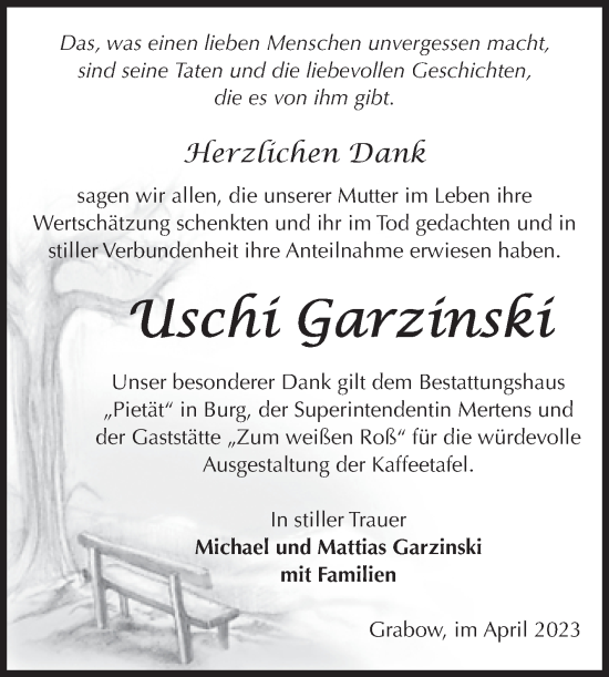 Traueranzeige von Uschi Garzinski von Volksstimme Burg/Genthin