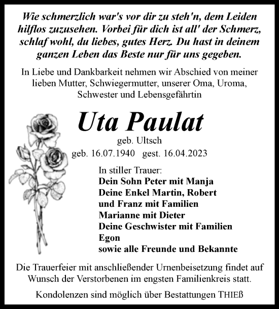 Traueranzeige von Uta Paulat von Volksstimme Wernigerode