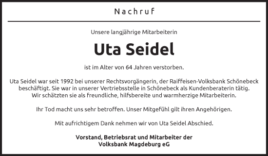 Traueranzeige von Uta Seidel von Volksstimme Schönebeck