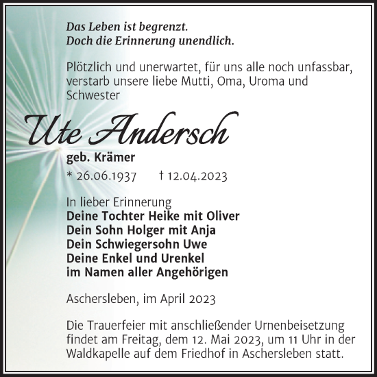 Traueranzeige von Ute Andersch von Trauerkombi Aschersleben