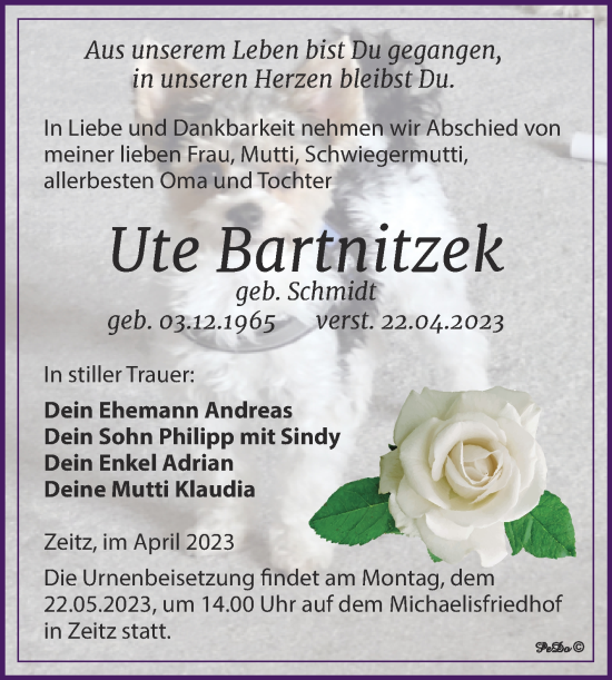 Traueranzeige von Ute Bartnitzek von Trauerkombi Zeitz