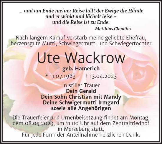 Traueranzeige von Ute Wackrow von Trauerkombi Merseburg