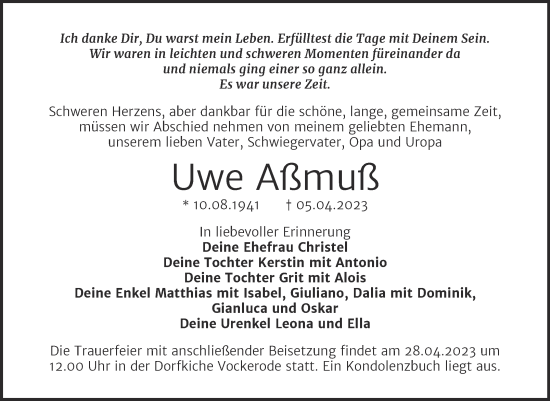 Traueranzeige von Uwe Aßmuß von Trauerkombi Wittenberg