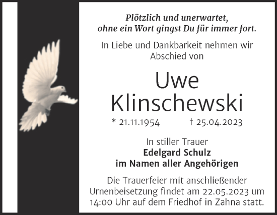 Traueranzeige von Uwe Klinschewski von Trauerkombi Wittenberg
