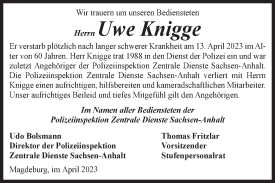 Traueranzeige von Uwe Knigge von Volksstimme Haldensleben/Wolmirstedt