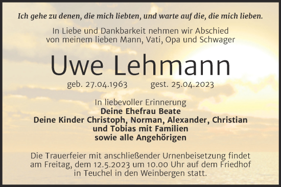 Traueranzeige von Uwe Lehmann von Trauerkombi Wittenberg