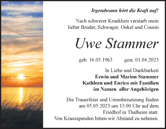 Traueranzeige von Uwe Stammer von Trauerkombi Bitterfeld