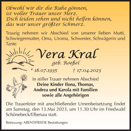 Traueranzeige von Vera Kral von Volksstimme Schönebeck