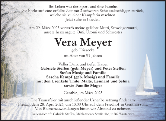 Traueranzeige von Vera Meyer von Volksstimme Burg/Genthin