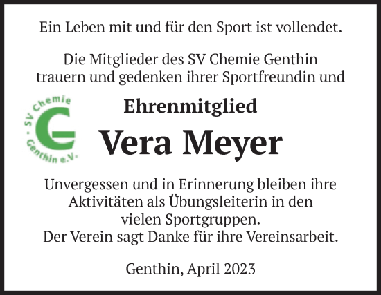 Traueranzeige von Vera Meyer von Volksstimme Burg/Genthin