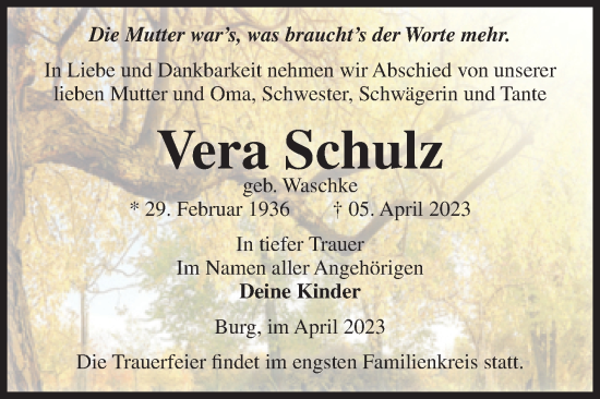 Traueranzeige von Vera Schulz von Volksstimme Burg/Genthin