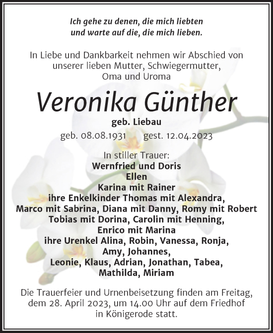 Traueranzeige von Veronika Günther von Trauerkombi Quedlinburg