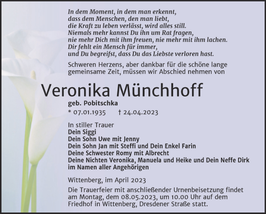 Traueranzeige von Veronika Münchhoff von Trauerkombi Wittenberg