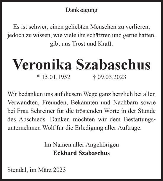 Traueranzeige von Veronika Szabaschus von Volksstimme Altmark Ost