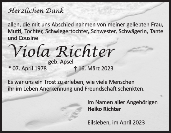 Traueranzeige von Viola Richter von Volksstimme Oschersleben/Wanzleben