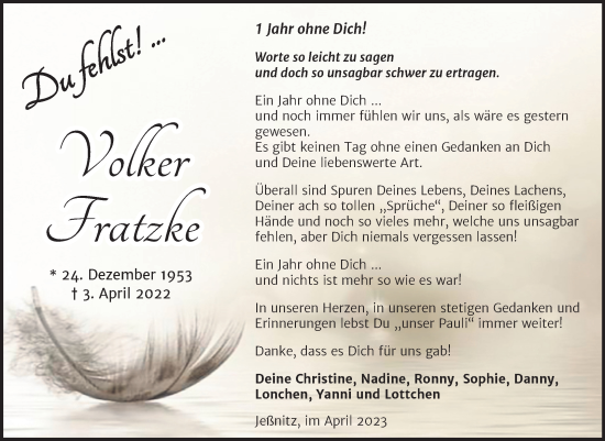 Traueranzeige von Volker Fratzke von Trauerkombi Bitterfeld