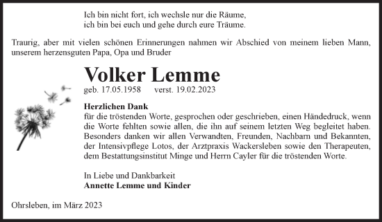 Traueranzeige von Volker Lemme von Volksstimme Oschersleben/Wanzleben