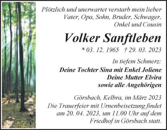 Traueranzeige von Volker Sanftleben von Mitteldeutsche Zeitung Sangerhausen