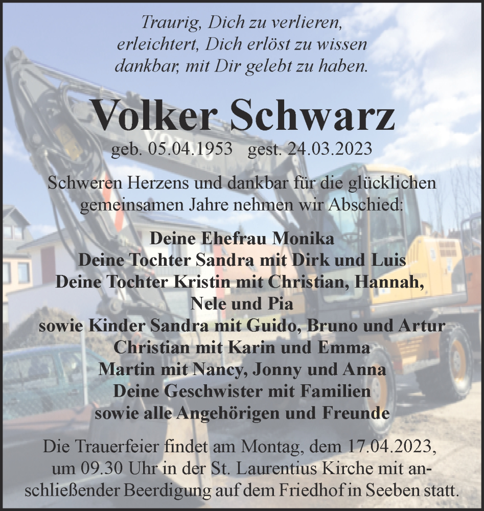  Traueranzeige für Volker Schwarz vom 01.04.2023 aus Mitteldeutsche Zeitung Halle/Saalkreis