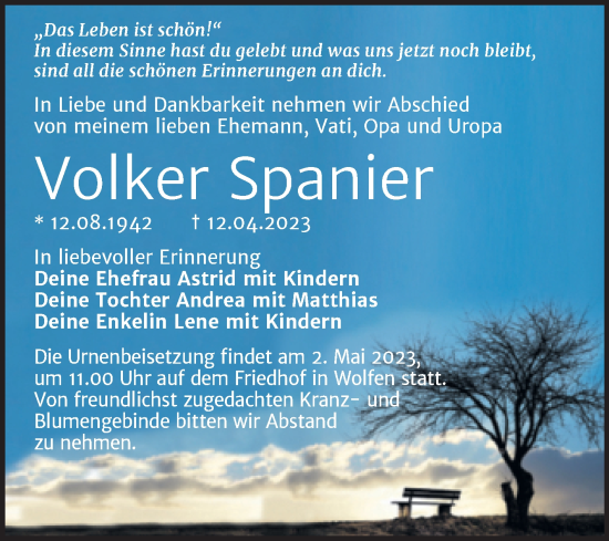 Traueranzeige von Volker Spanier von Trauerkombi Bitterfeld