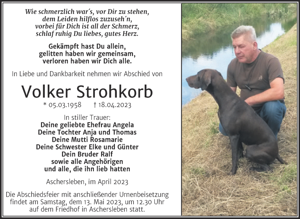  Traueranzeige für Volker Strohkorb vom 29.04.2023 aus Trauerkombi Aschersleben