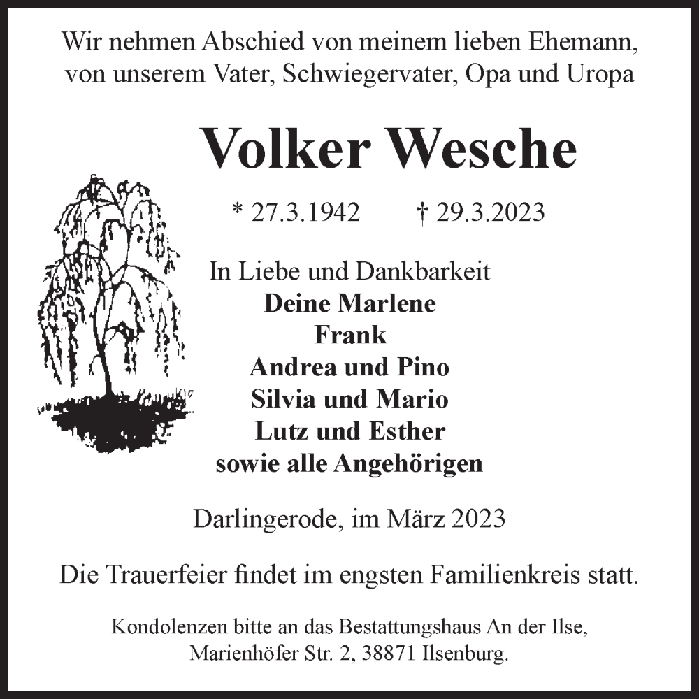  Traueranzeige für Volker Wesche vom 01.04.2023 aus Volksstimme Wernigerode