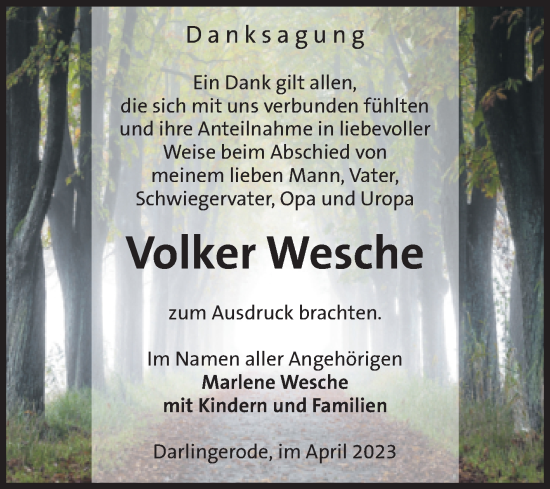 Traueranzeige von Volker Wesche von Volksstimme Wernigerode
