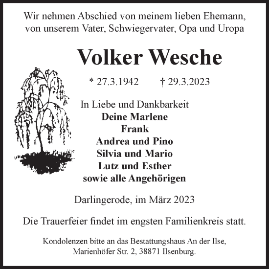 Traueranzeige von Volker Wesche von Volksstimme Wernigerode