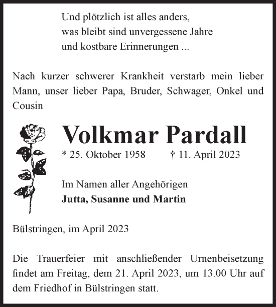 Traueranzeige von Volkmar Pardall von Volksstimme Haldensleben/Wolmirstedt