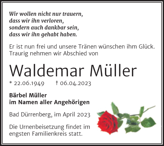 Traueranzeige von Waldemar Müller von Trauerkombi Merseburg