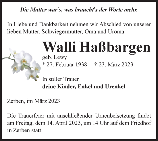 Traueranzeige von Walli Haßbargen von Volksstimme Burg/Genthin