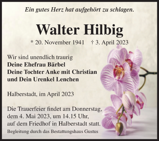 Traueranzeige von Walter Hilbig von Volksstimme Halberstadt