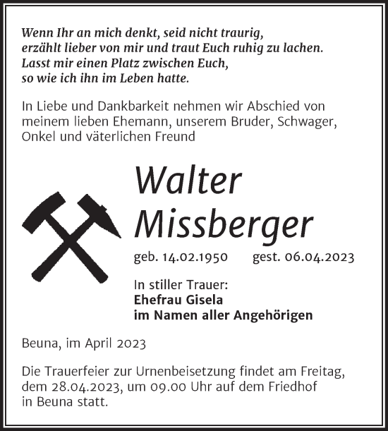 Traueranzeige von Walter Missberger von Trauerkombi Merseburg