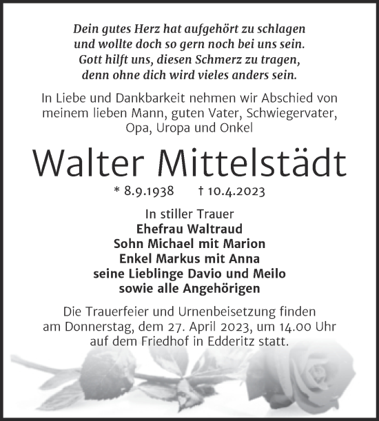 Traueranzeige von Walter Mittelstädt von Trauerkombi Köthen