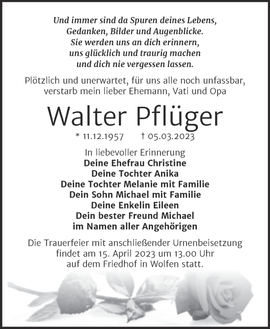 Traueranzeige von Walter Pflüger von Trauerkombi Bitterfeld